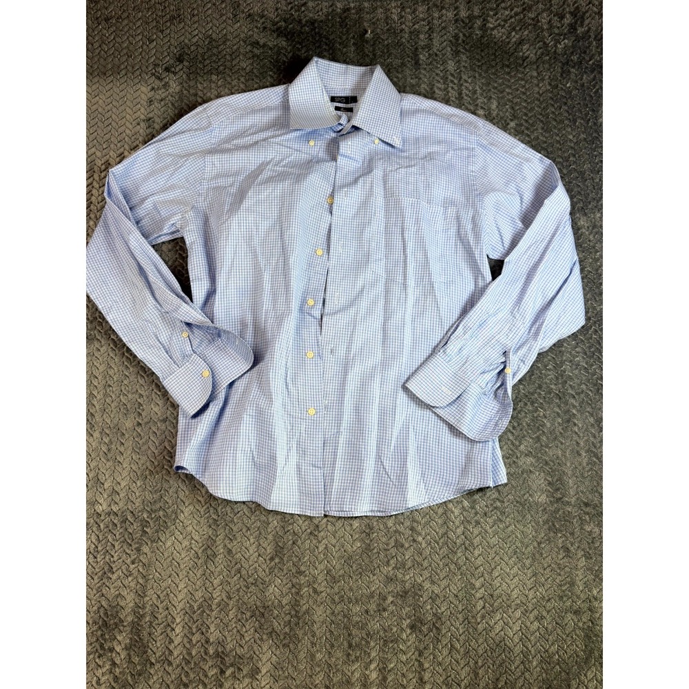 SPG Basic Shirt Mens Large Blue Cotton Grid Shirttail Hem Office Button Down